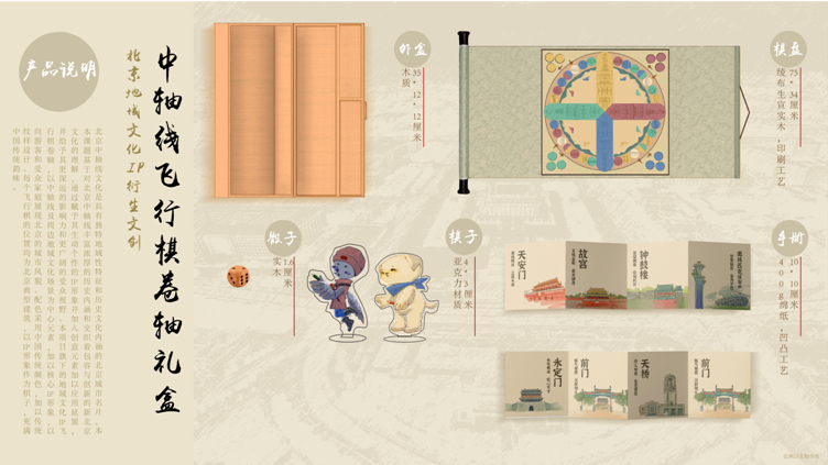 有传统飞行棋三件套和说明手册一份,以北京中轴线为基础,结合原创的ip